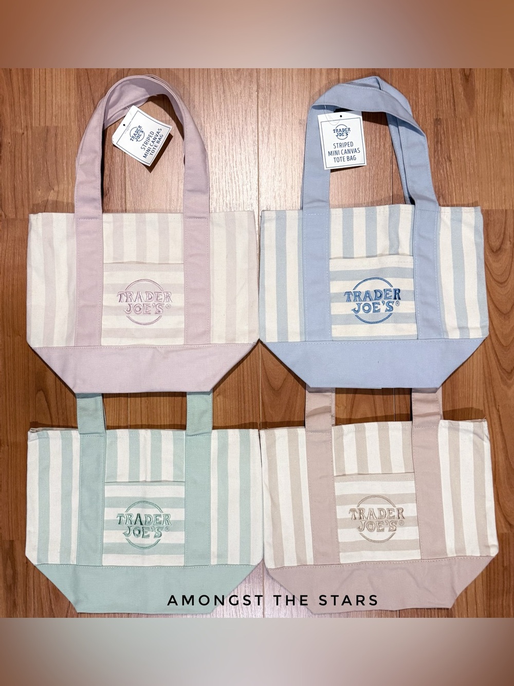 Set of 4 Trader Joe's Pastel Stripe Mini Tote Bags - Pink, Blue, Green & Tan
